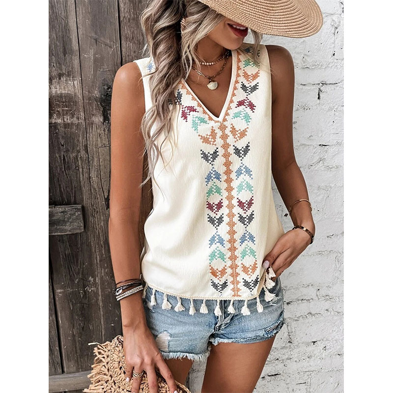 Ethnic Embroidery V Neck Tank Top 民族风V领刺绣毛须背心上衣 - 图2