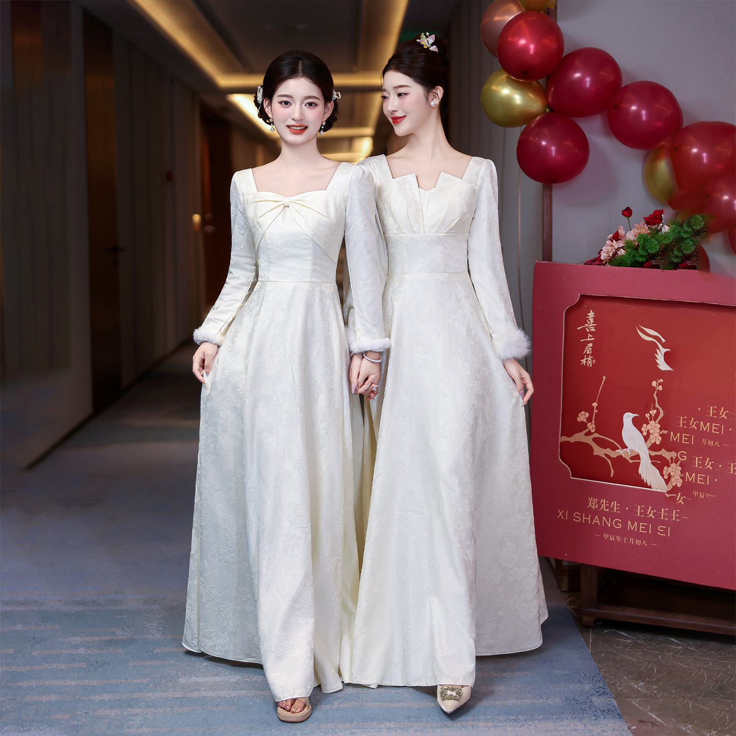 中式伴娘服长袖2025新款加绒保暖长礼服裙女高级感显瘦姐妹团晚装,淘宝优惠券,粉丝福利购,淘宝优惠卷