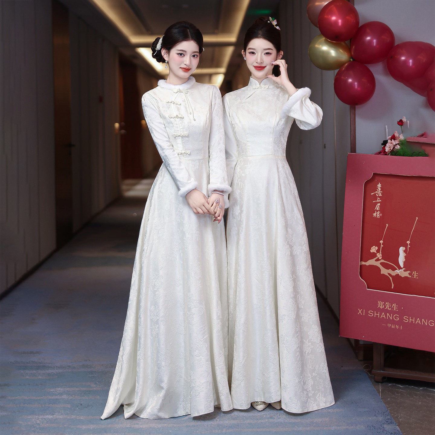 中式伴娘服长袖2025新款加绒保暖长礼服裙女高级感显瘦姐妹团晚装,淘宝优惠券,粉丝福利购,淘宝优惠卷