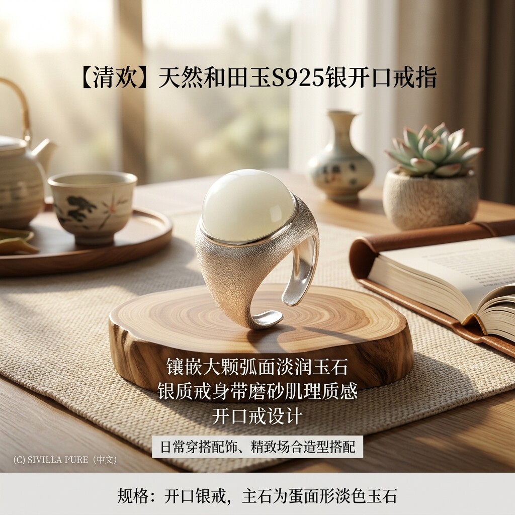 Qinghuan Hetian Jade Open Silver Ring Retro Light Luxury