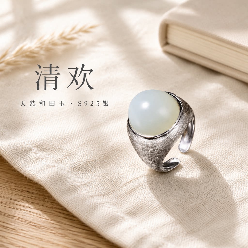 Qinghuan Hetian Jade Open Silver Ring Retro Light Luxury