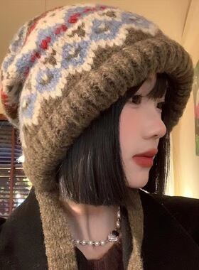 费尔岛风女冬季复古两用包包帽毛绒保暖毛线帽护耳街头风针织帽子