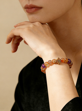 天然阿鲁沙紫水晶手链彩色金沙太阳长石共生手串女日光送女友礼物