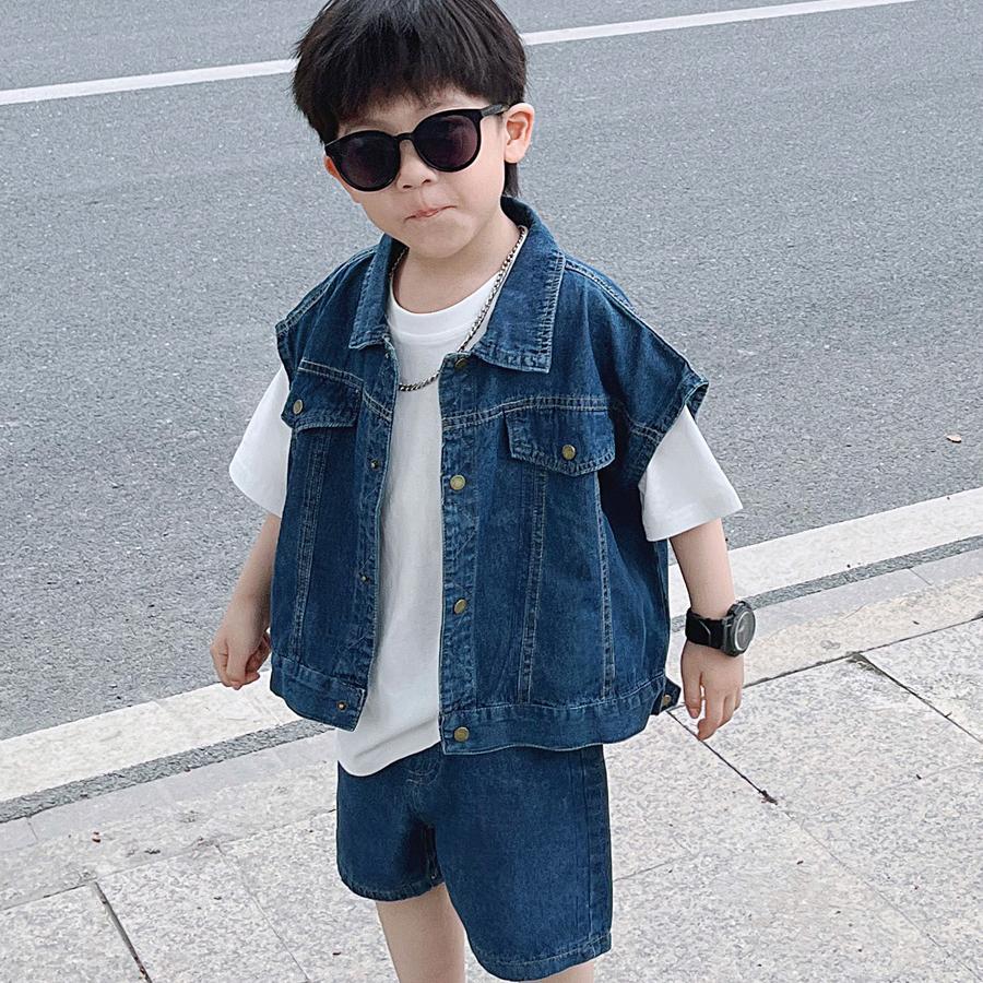 巴拉巴柆男童夏季套装2023新款韩版牛仔马甲短裤儿童洋气炸街帅气