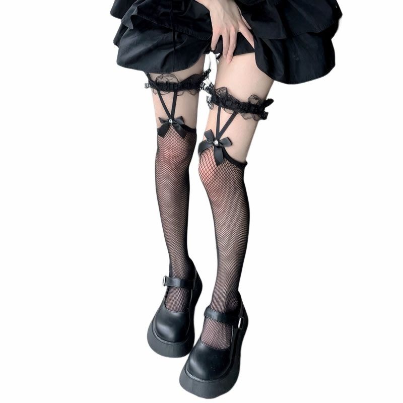 蕾丝过膝袜子女ins潮带钻黑夏季薄款花边渔网袜纯欲风长筒袜,淘宝优惠券,粉丝福利购,淘宝优惠卷