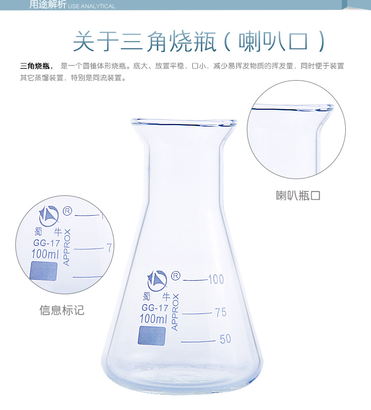 三角瓶 广口瓶直口100ml 250ml 500ml 1000ml 锥形瓶三角烧瓶蜀牛 - 图1