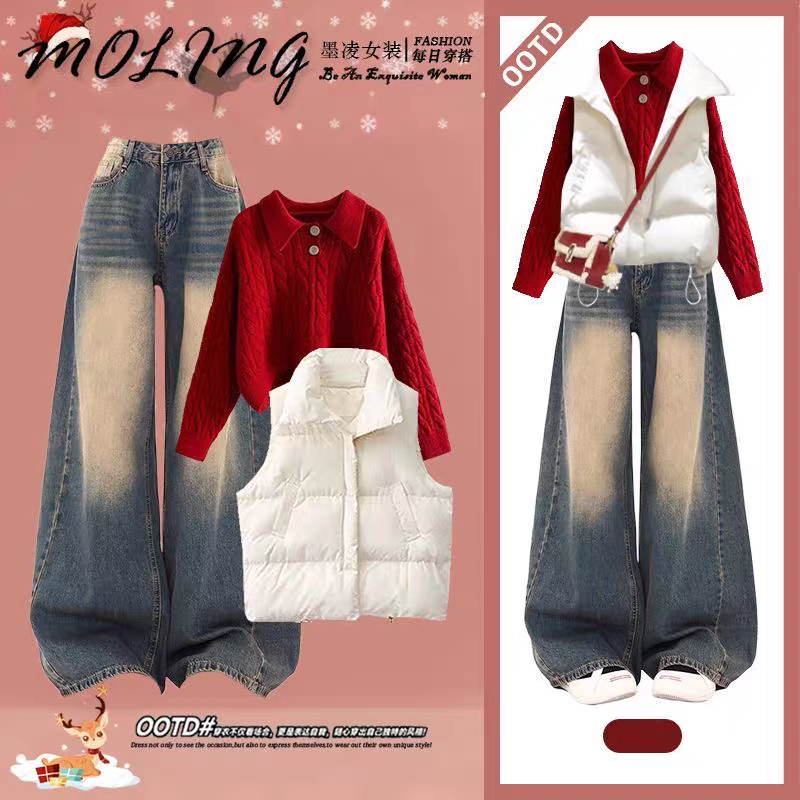 秋冬季少女套装高初中学生红色毛衣马甲甜酷学院风格子裤三件套装,淘宝优惠券,粉丝福利购,淘宝优惠卷