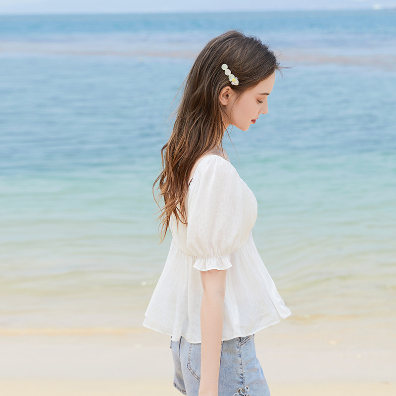 zk lin法式设计感小众锁骨夏雪纺衫 zklin蕾丝衫/雪纺衫