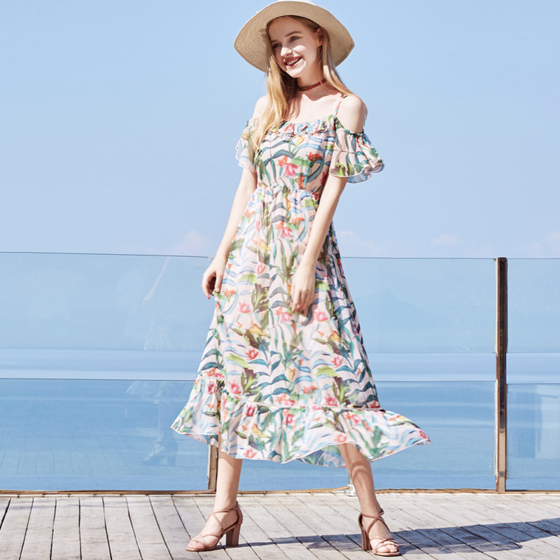 ZK一字肩吊带印花雪纺连衣裙女荷叶边露背波西米亚长裙沙滩裙夏装,淘宝优惠券,粉丝福利购,淘宝优惠卷