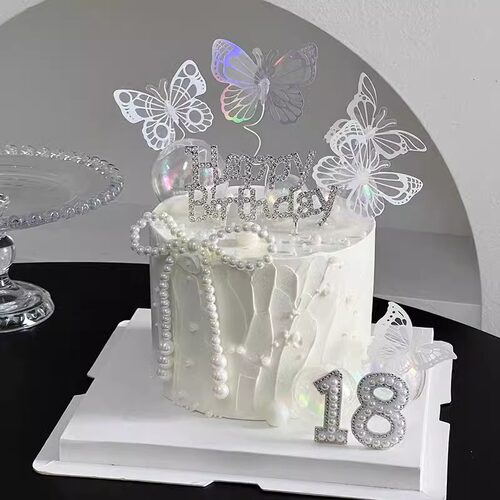 网红仙女18岁蛋糕装饰珍珠蝴蝶结摆件女神钻石HB生日幻彩蝴蝶插件 - 图1