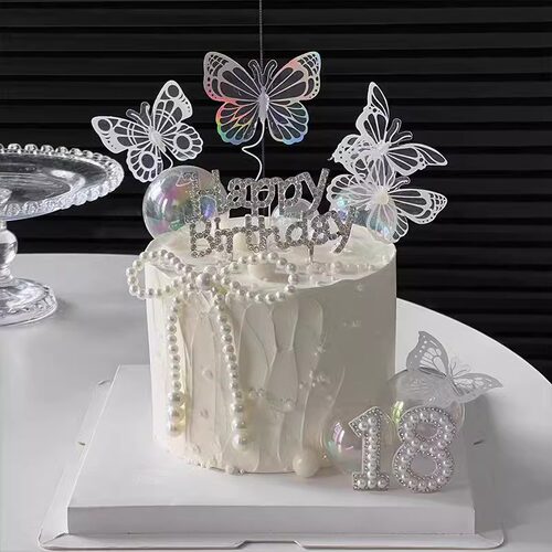 网红仙女18岁蛋糕装饰珍珠蝴蝶结摆件女神钻石HB生日幻彩蝴蝶插件 - 图3
