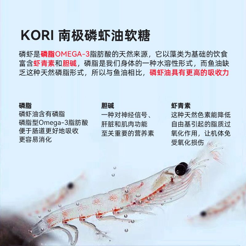 美国直邮 KORI纯南极深海磷虾油虾青素Omega3软糖果120粒原装进口 - 图0