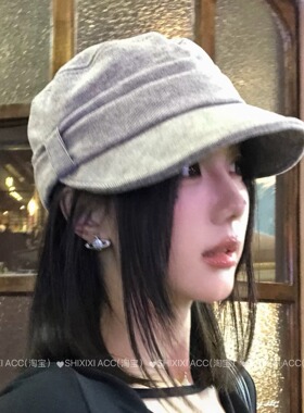 韩系复古灰色平顶马术帽大头友好