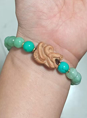 典雅桃木生肖翡翠绿松石手串紫金蛇虎鸡狗手链男女生礼物饰品气运