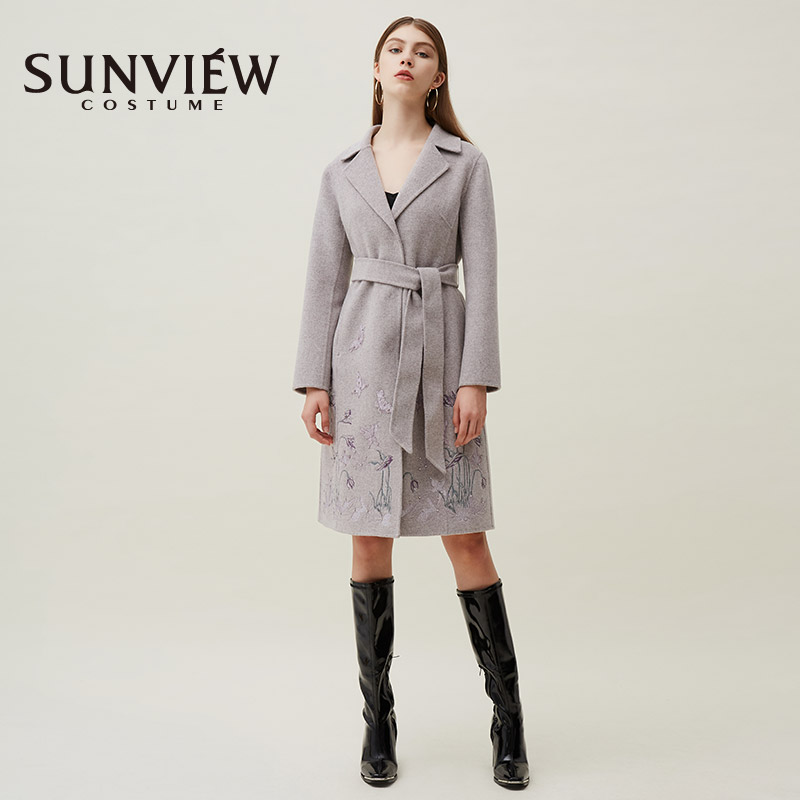 SUNVIEW/尚约下摆钉钻刺绣花卉羊毛呢大衣女设计感小众秋冬高级感