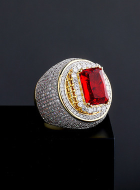 欧美爆款男士满锆石红宝石戒指夸