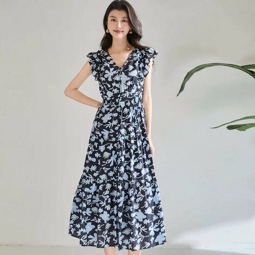 26夏季新款度假风法式碎花边长绒棉V领无袖拼接印花连衣裙22783 - 图0