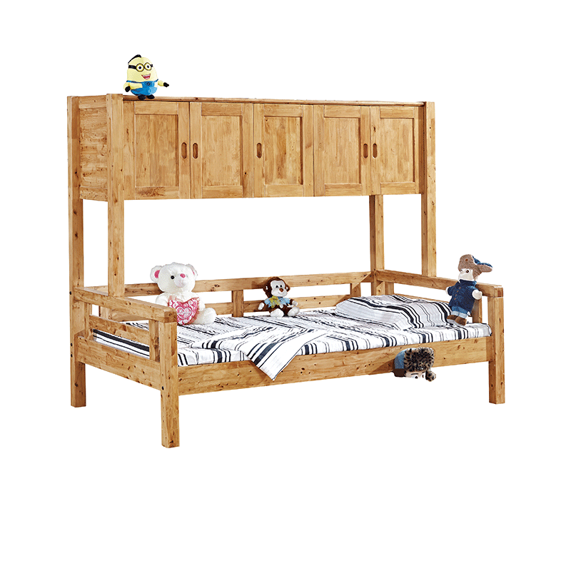 柏木儿童衣柜床组合1.2米 全实木宝宝床围栏婴儿床储物衣柜一体床