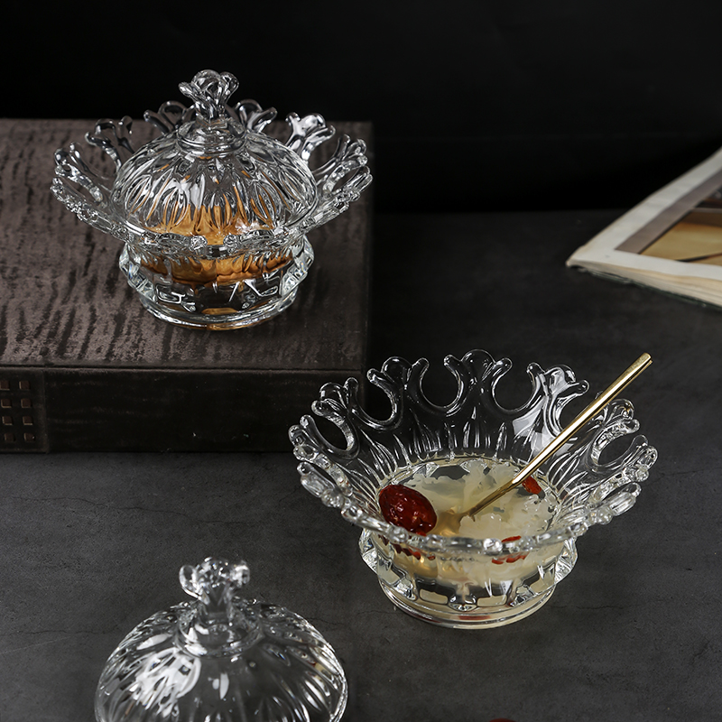 镂空花瓣玻璃水果碗商用浮雕甜品碗燕窝糖水碗套装带盖点心雪糕碗