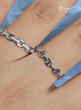 925纯银猪鼻子戒指闪钻链条指环