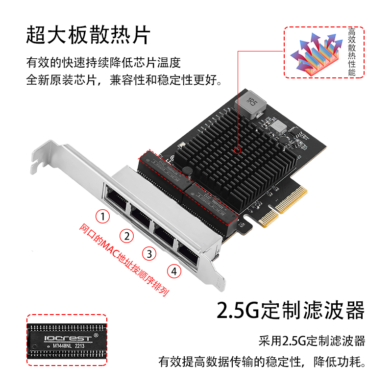 乐扩PCI-E4口2.5G网卡NAS软路由RJ45电口服务器电竞自适应千兆 PEX无盘启动瑞昱8125B芯片四口-图0