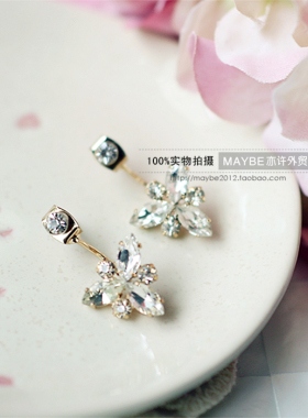欧美风镀金玻璃宝石花朵闪钻耳钉