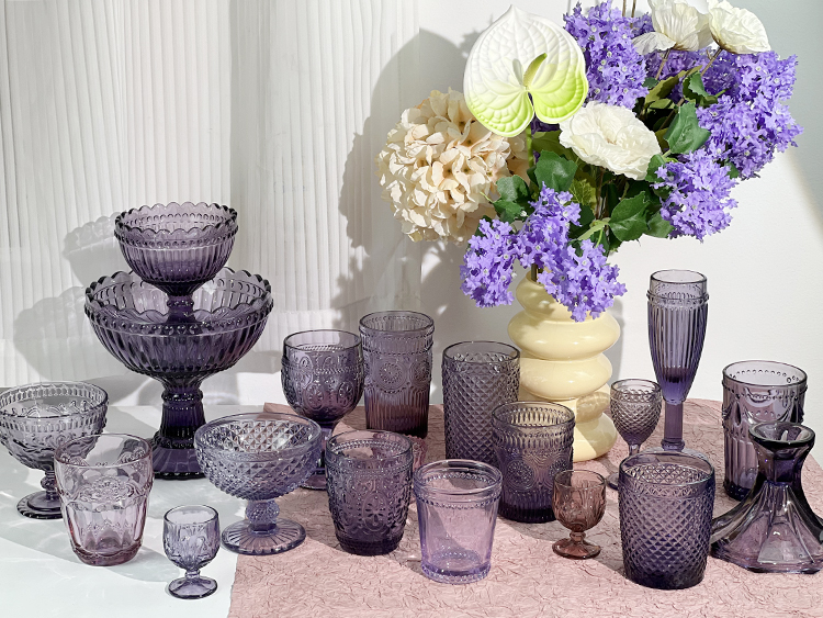 【紫色系列】浪漫的复古美式原色料外贸中古玻璃餐具水杯甜品杯盘