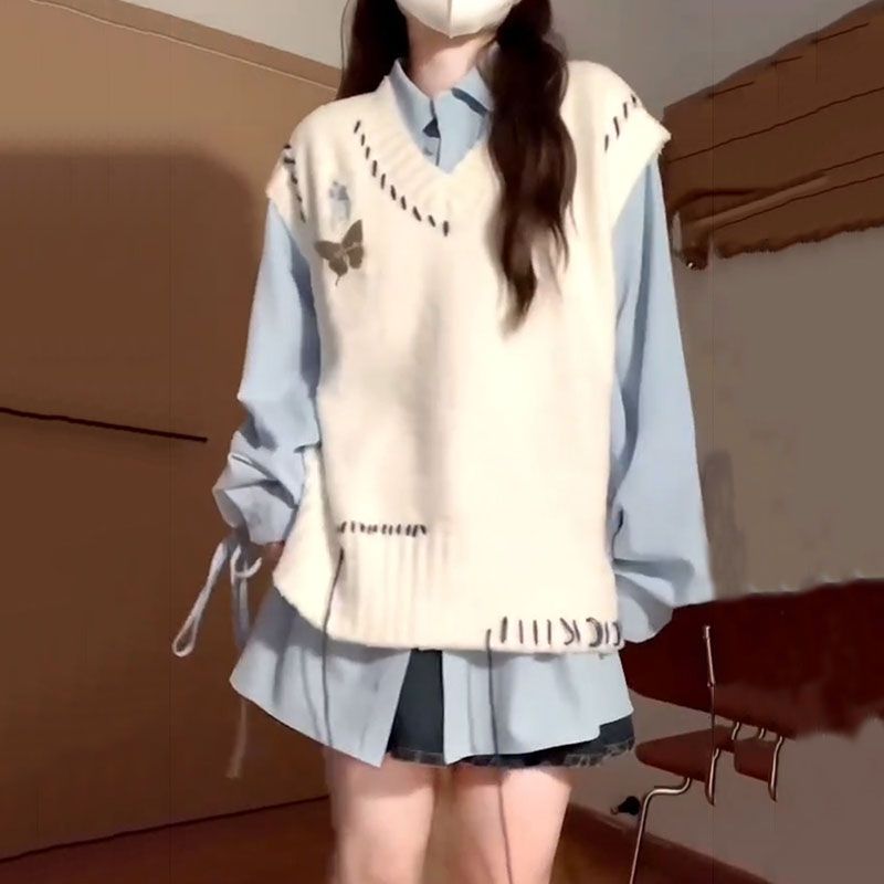 早秋穿搭一整套v领明线破洞毛衣马甲针织背心女蓝色长衬衫两件套 - 图3