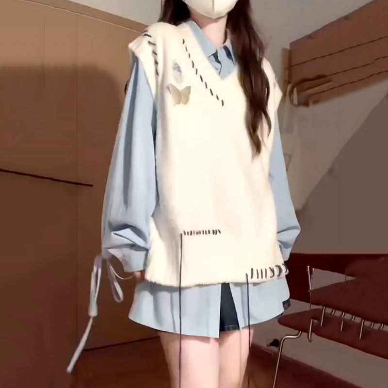 早秋穿搭一整套v领明线破洞毛衣马甲针织背心女蓝色长衬衫两件套 - 图2