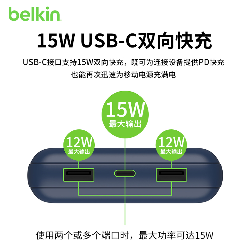 belkin贝尔金20000mAh大容量充电宝双向PD快充USB-C/USB-A小巧便携2万移动电源适用华为苹果iphone小米手机-图0