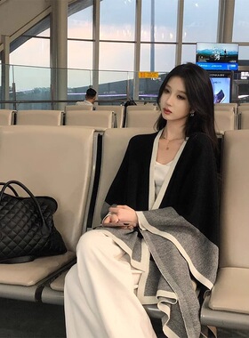夏秋休闲撞色拼接针织斗篷披肩女