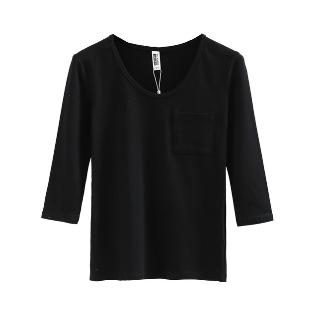 Spring and Autumn New Korean Style Round Neck Slim Sleeve Pocket Decoration Three Quarter Sleeves Pure White Solid Color Simple T-Shirt for Women