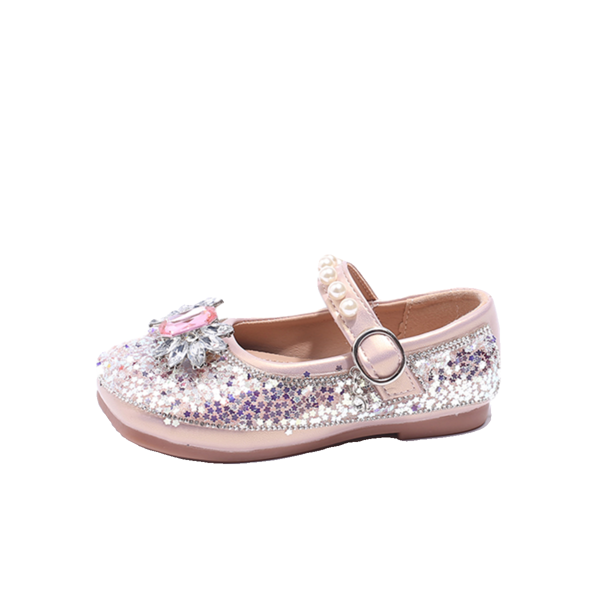 女童公主鞋2024春季新款艾莎水晶鞋女宝亮钻珍珠单鞋儿童舒适皮鞋-图3