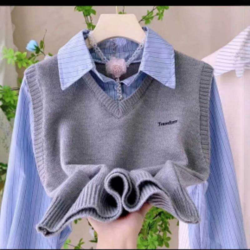 学院风毛衫秋季新款假两件拼接针织衫别致小众马甲长袖上衣毛衣