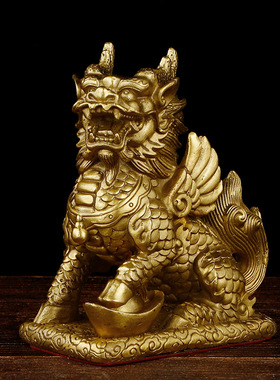 风水化解专用黄铜麒麟摆件一对｜