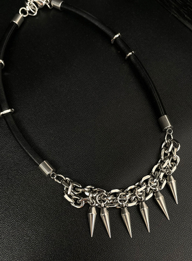 铆钉黑皮绳朋克风颈链小众锁骨链