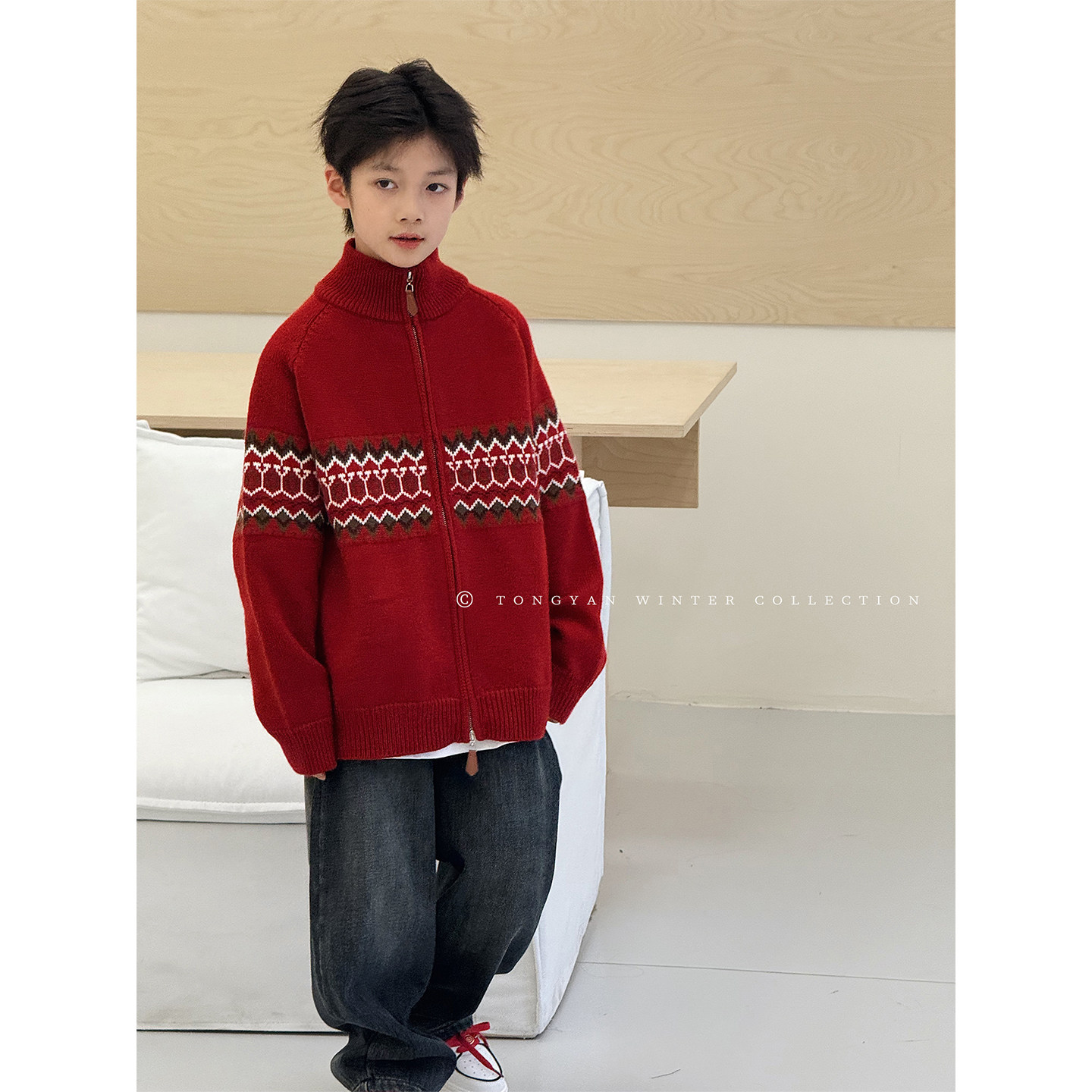 男童毛衣2025冬装新款红色新年拜年服加厚开衫毛线衣儿童针织外套,淘宝优惠券,粉丝福利购,淘宝优惠卷