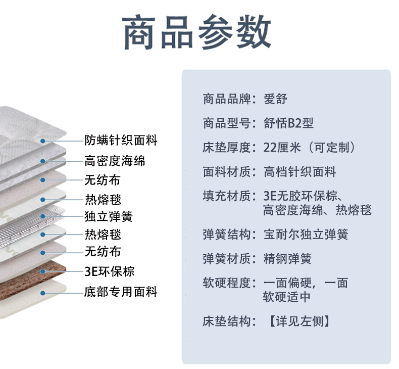 上海爱舒床垫软硬两用独立弹簧席梦思椰棕垫中老年护脊护腰舒恬B2-图1