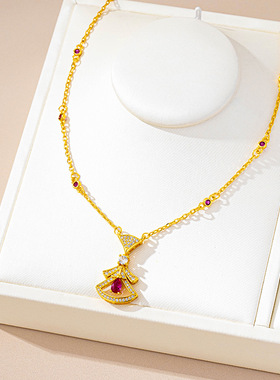 越南沙金时尚红宝石小扇子项链