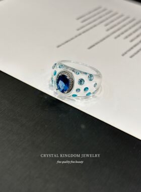 天然纯净体白水晶馒头戒指s925银镶蓝钻指环戒圈尾戒通勤同款礼物