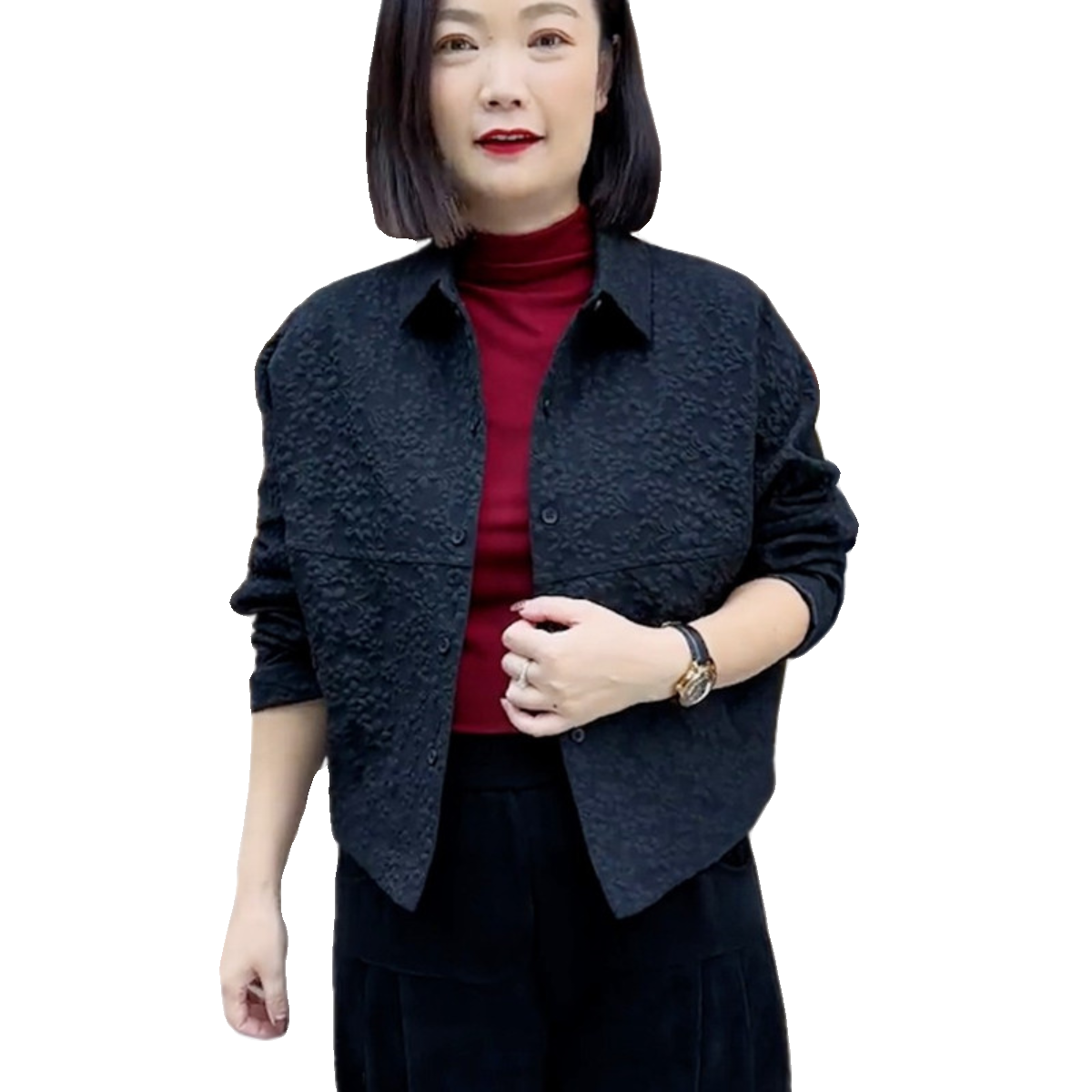 时尚短外套女2023新款妈妈秋冬潮流气质提花翻领宽松洋气长袖上衣