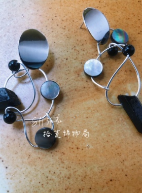 拾荒饰物局黑色原石贝壳金属绕绳不规则小众耳饰银针