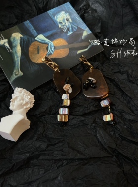 棕色琥珀色不对称贝壳流苏耳饰原创设计拾荒饰物局