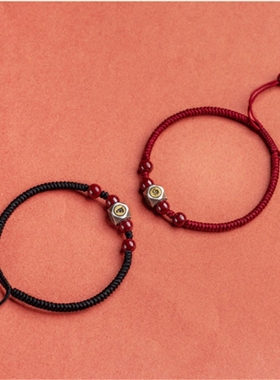 本命年龙年红绳手链纯银多面体女男朱砂本命佛红手绳编织绳情侣