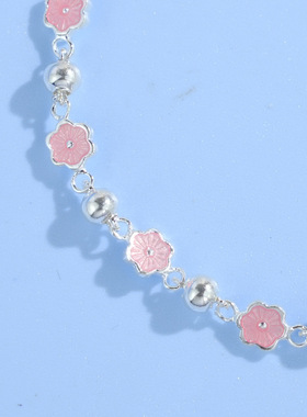足银990珐琅彩桃粉花朵蝴蝶手链甜美显白珠串送女友闺蜜礼物手饰