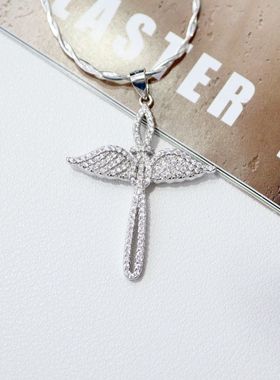 S925纯银单吊坠满锆天使之翼爆款十字架项链坠小众百搭银男女挂坠