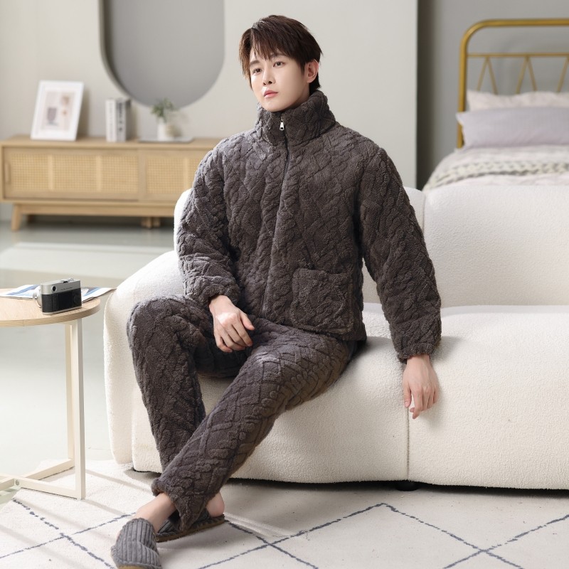 拉链男款提花绒三层夹棉加绒加厚冬季睡衣中青年家居服保暖套装,淘宝优惠券,粉丝福利购,淘宝优惠卷