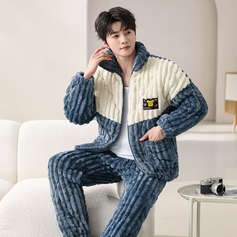 拉链男款提花绒三层夹棉加绒加厚冬季睡衣中青年家居服保暖套装,淘宝优惠券,粉丝福利购,淘宝优惠卷