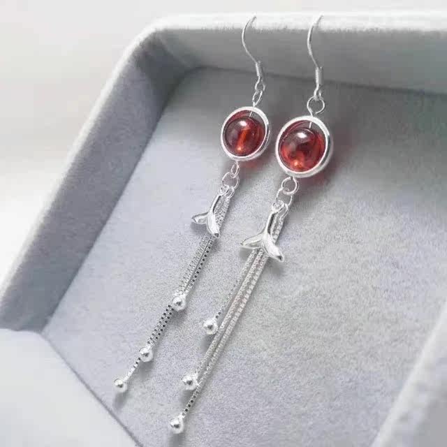 纯银红刚玉 人鱼泡沫 耳环足银990弯钩耳坠礼物