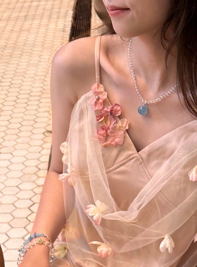 天然巴西白水晶锁骨链冰透海蓝宝吊坠纯银项链气质百搭女款毛衣链